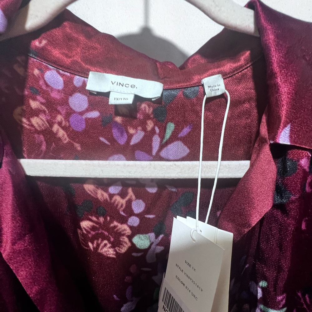 Vince Silk Floral Tie Waist Shirt Dress Burgundy Long Sleeve NWT 1X - Picture 9 of 10